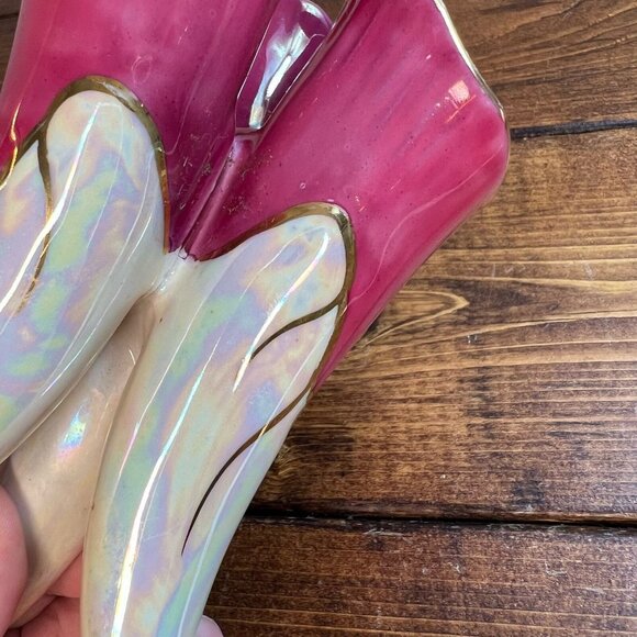 Vintage MCM Vase Pink Fuchsia Gold Lusterware Tricorn Mid Century Modern - Picture 10 of 11